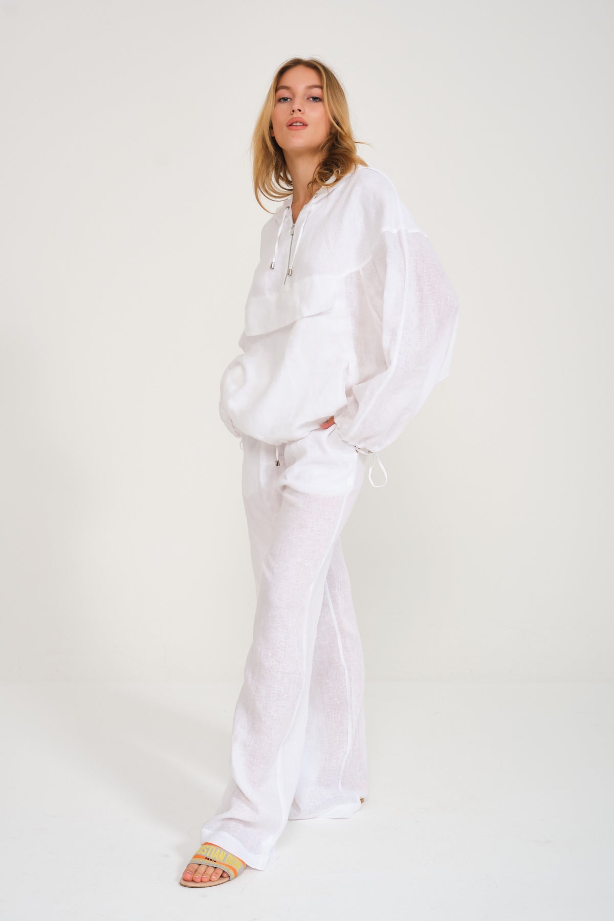 White Linen Hoodie & Pants Set