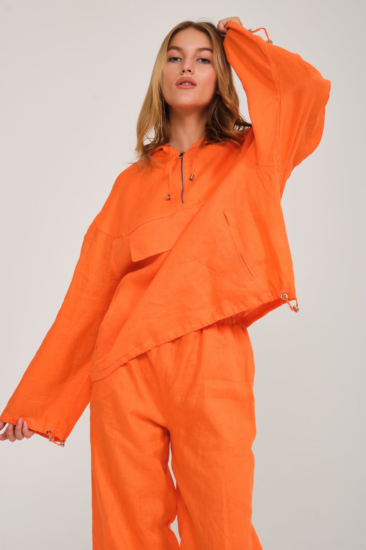 Orange Linen Hoodie & Pants Set