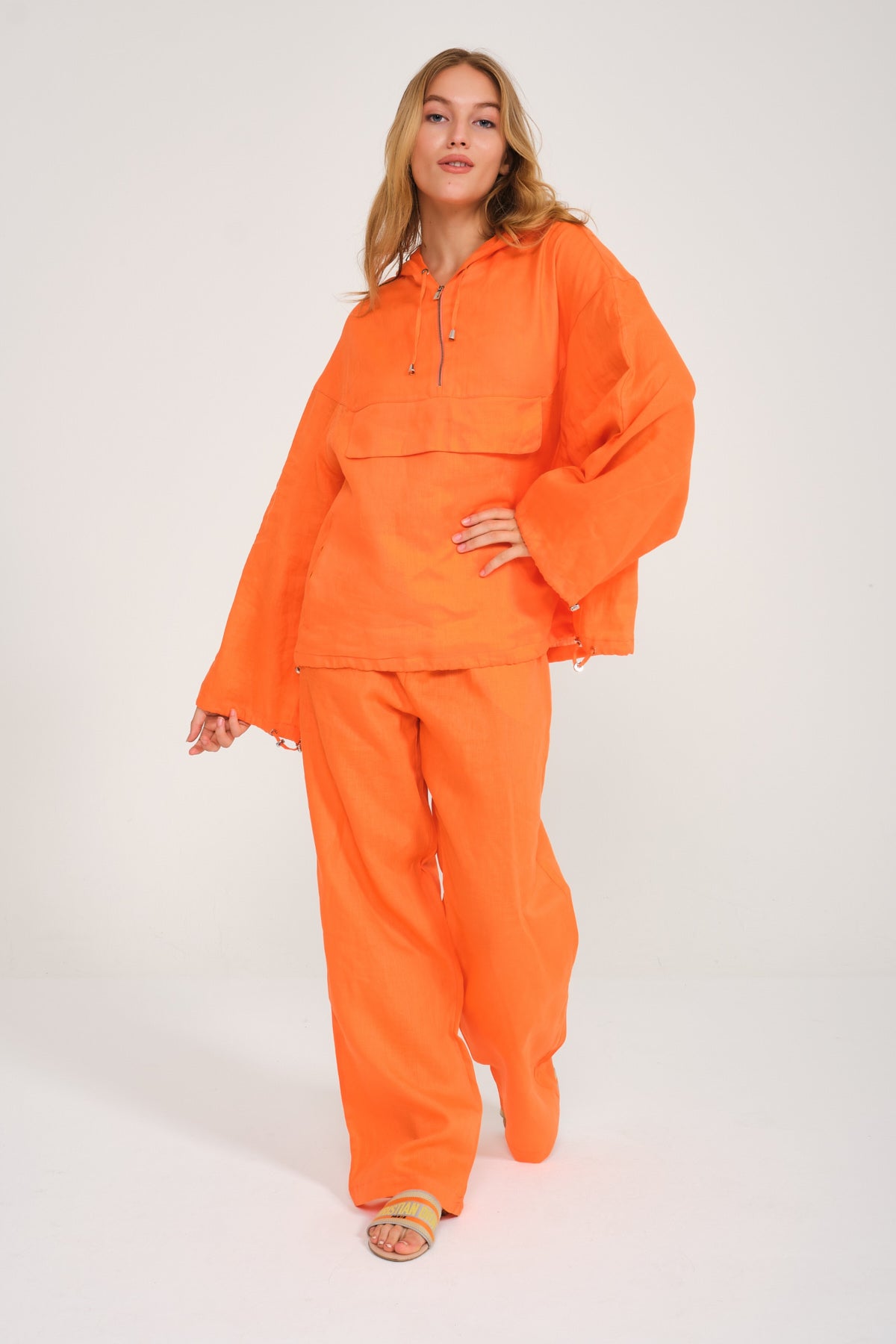 Orange Linen Hoodie & Pants Set