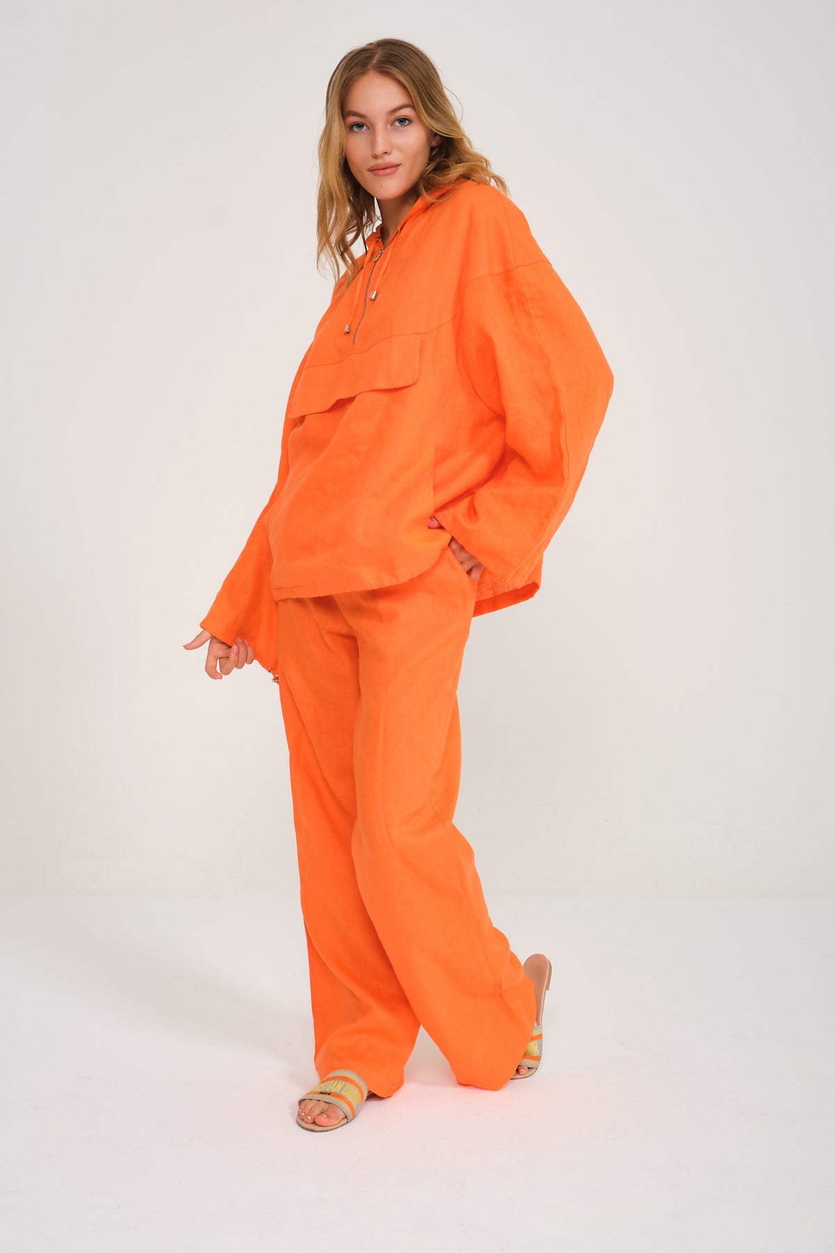 Orange Linen Hoodie Pants Set