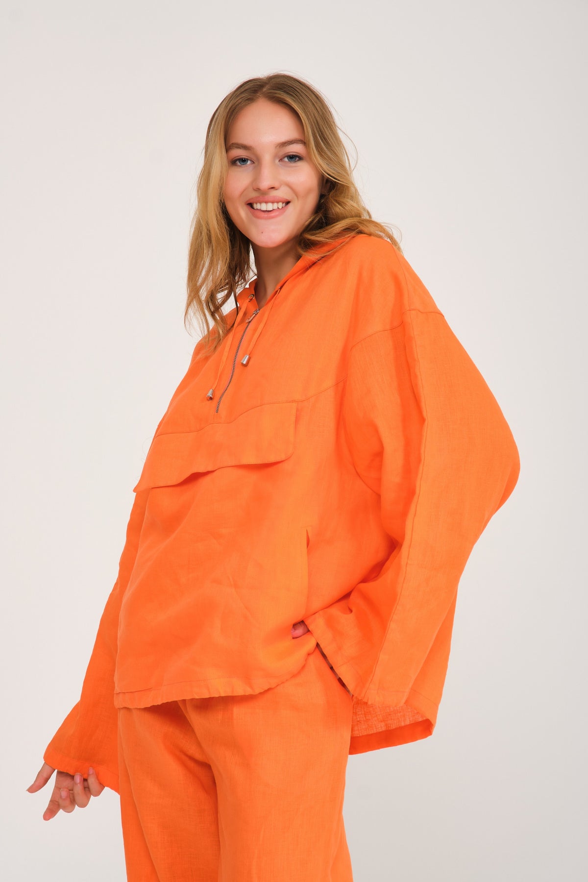 Orange Linen Hoodie & Pants Set