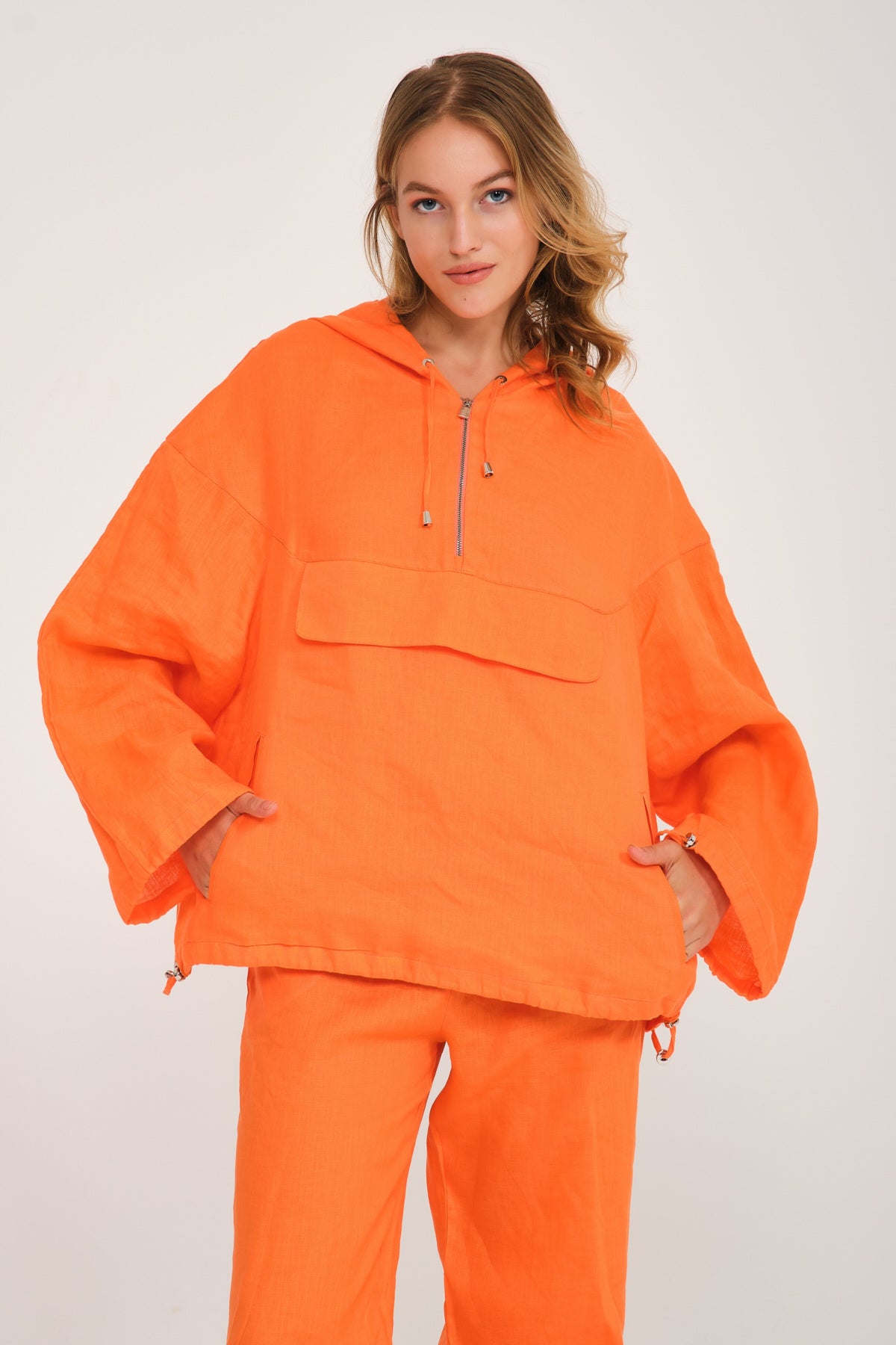 Orange Linen Hoodie & Pants Set