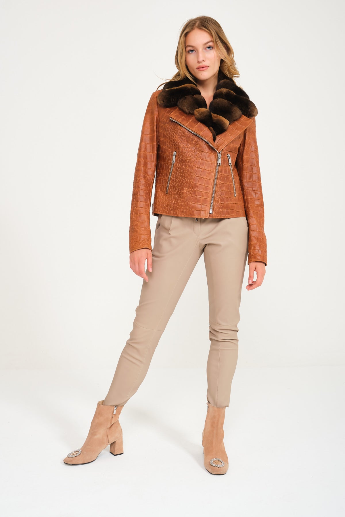 Brown Crocodile Pattern Chinchilla Collar Jacket