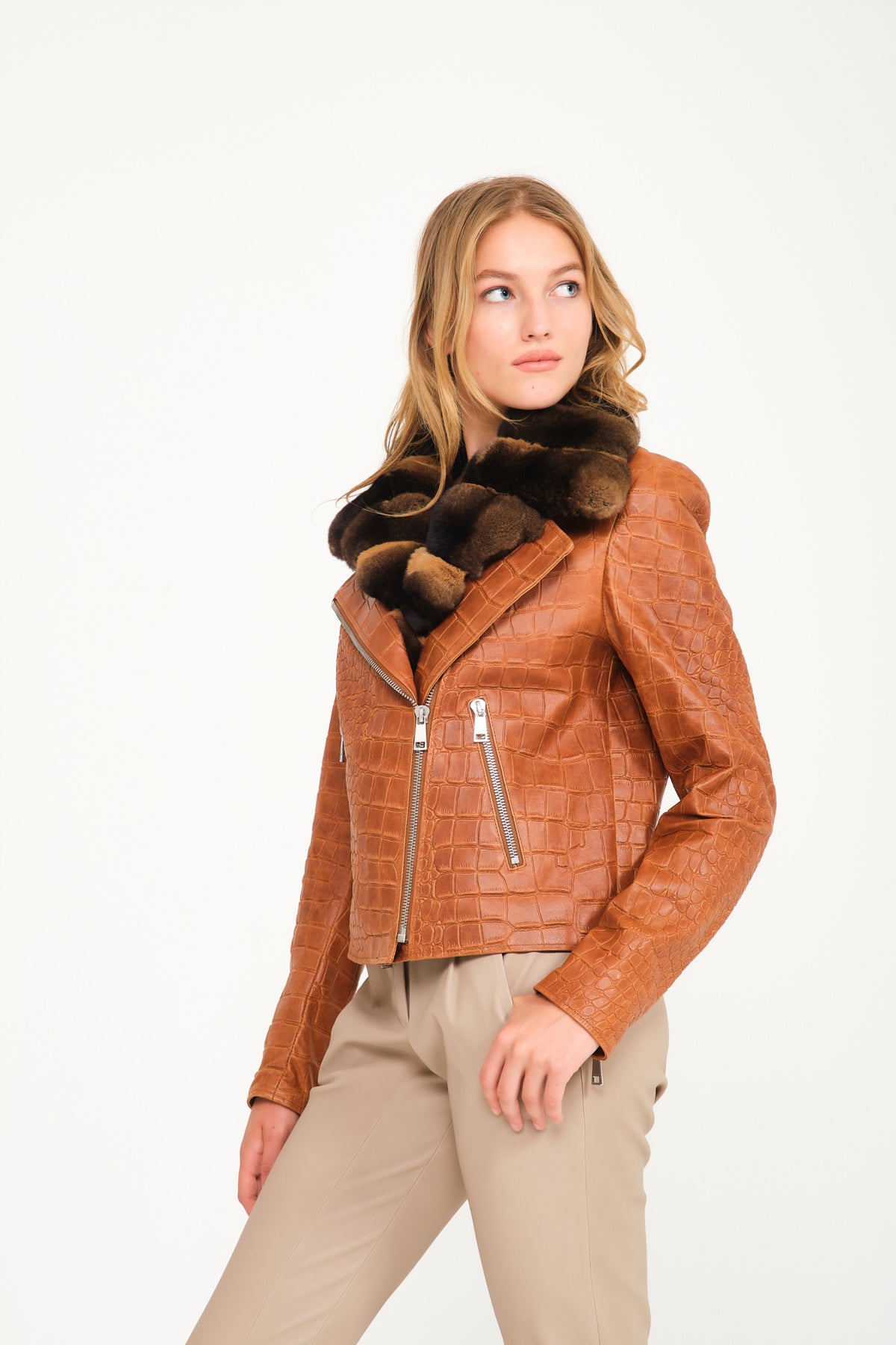 Brown Crocodile Pattern Chinchilla Collar Jacket