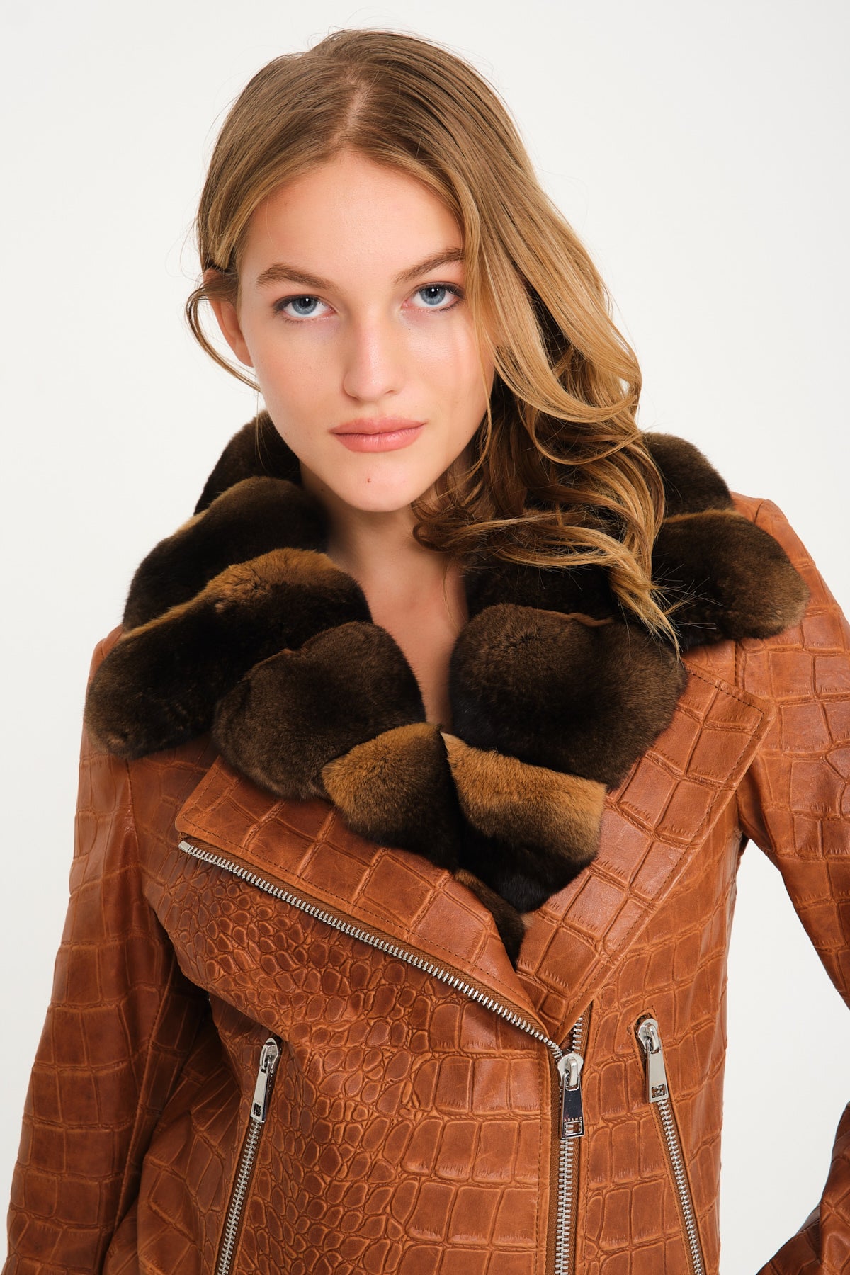 Brown Crocodile Pattern Chinchilla Collar Jacket