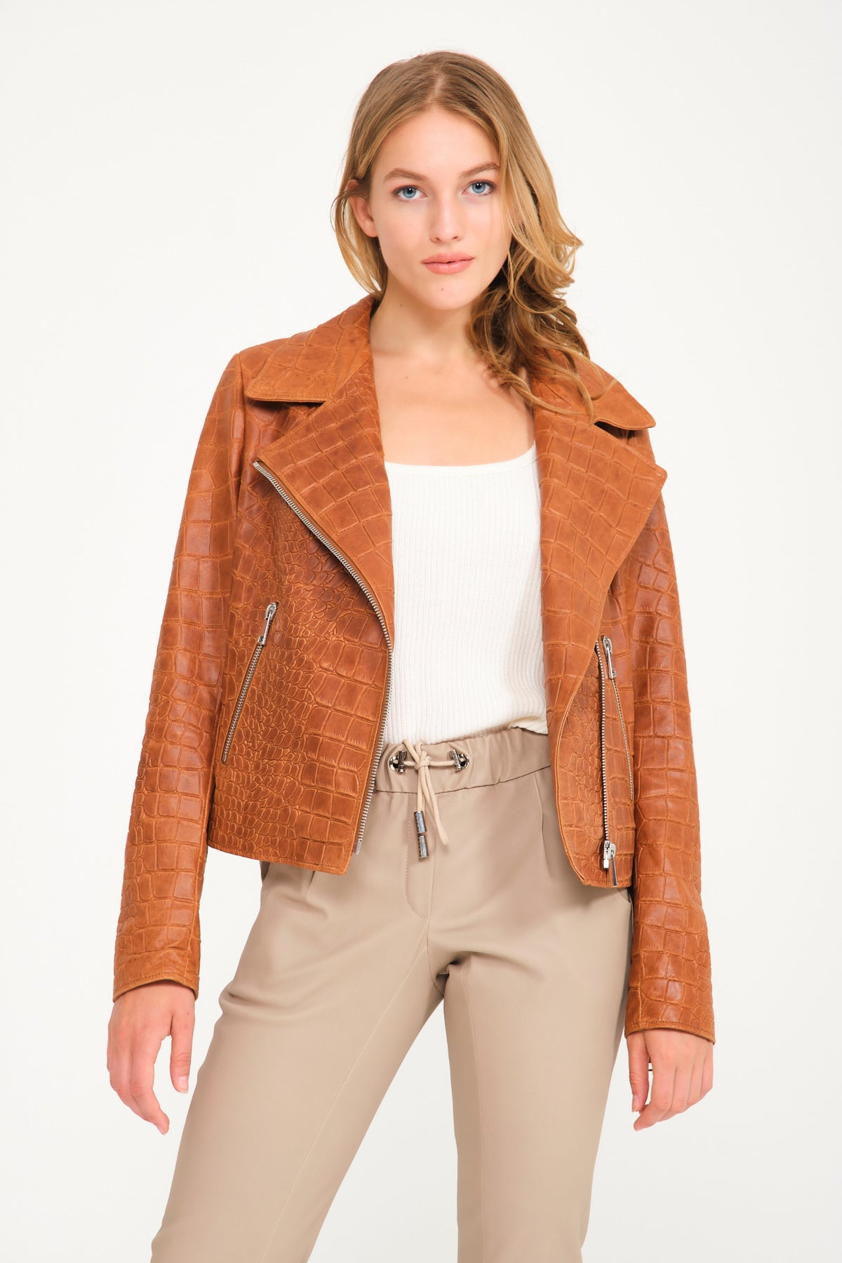 Brown Crocodile Pattern Chinchilla Collar Jacket