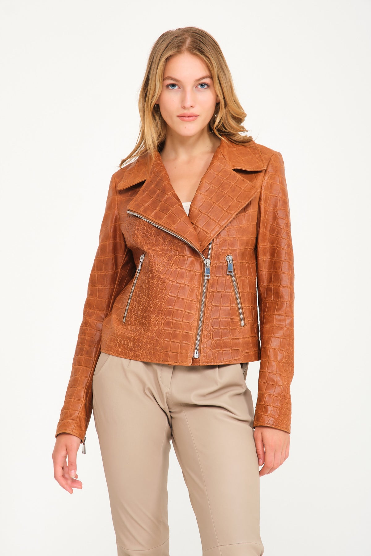 Brown Crocodile Pattern Chinchilla Collar Jacket