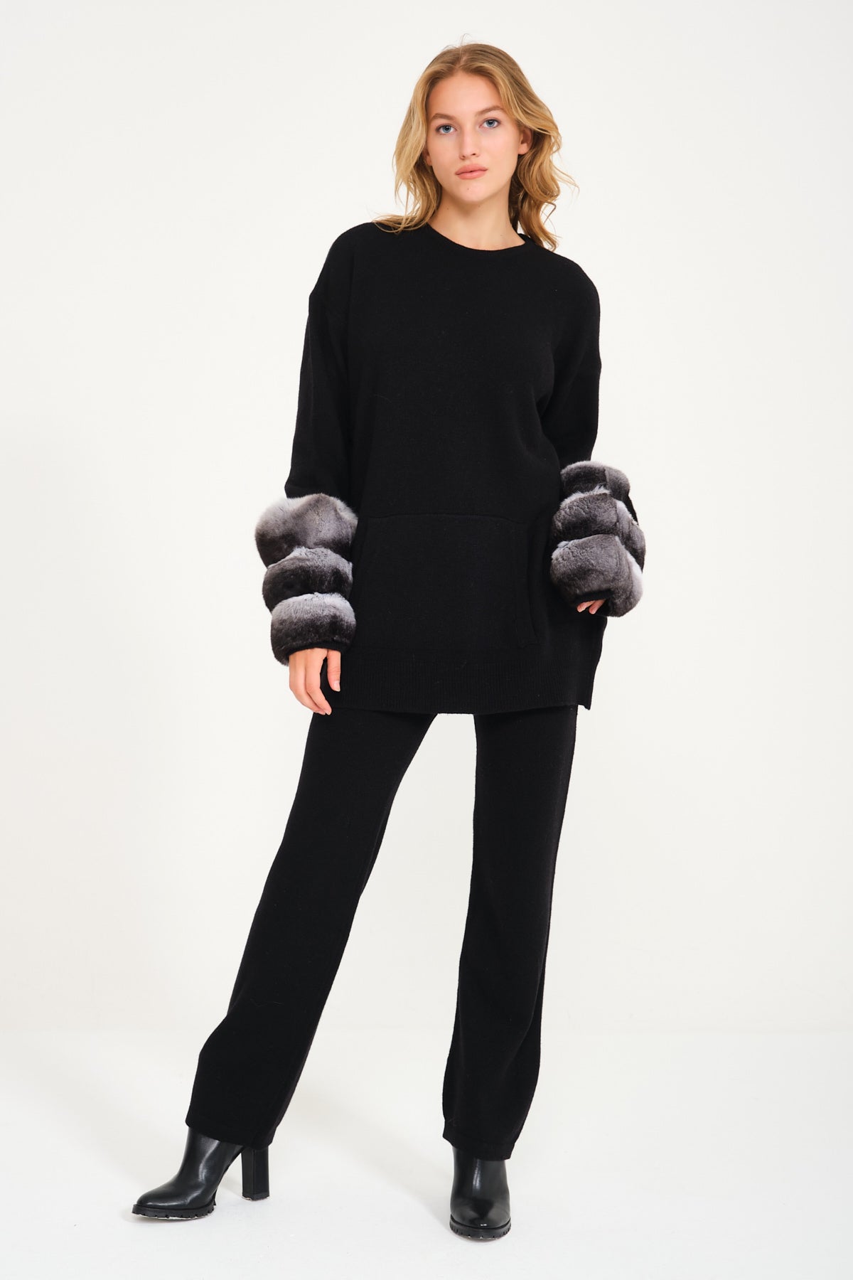 Black Chinchilla Fur Lined Knit Set