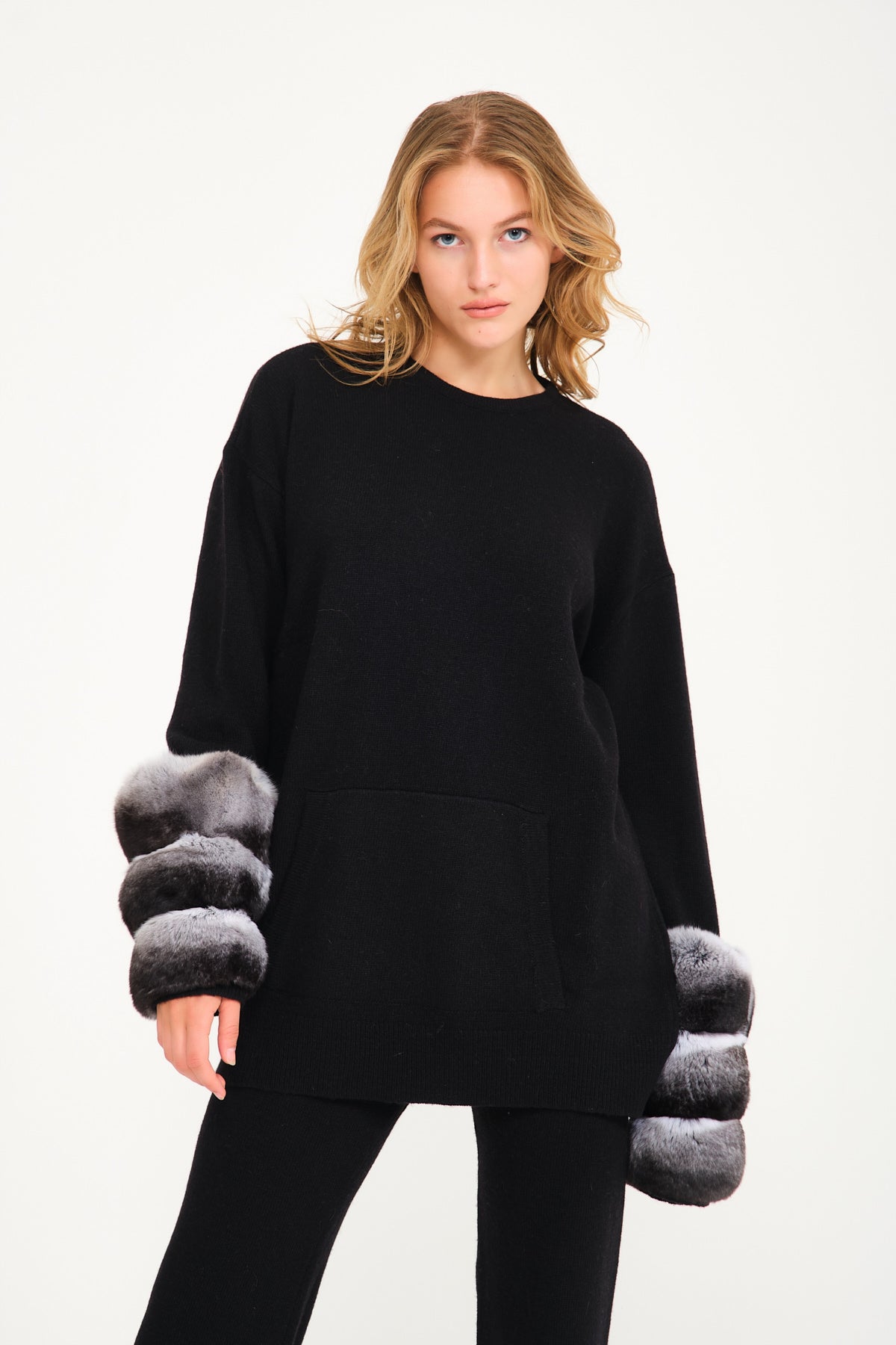 Black Chinchilla Fur Lined Knit Set