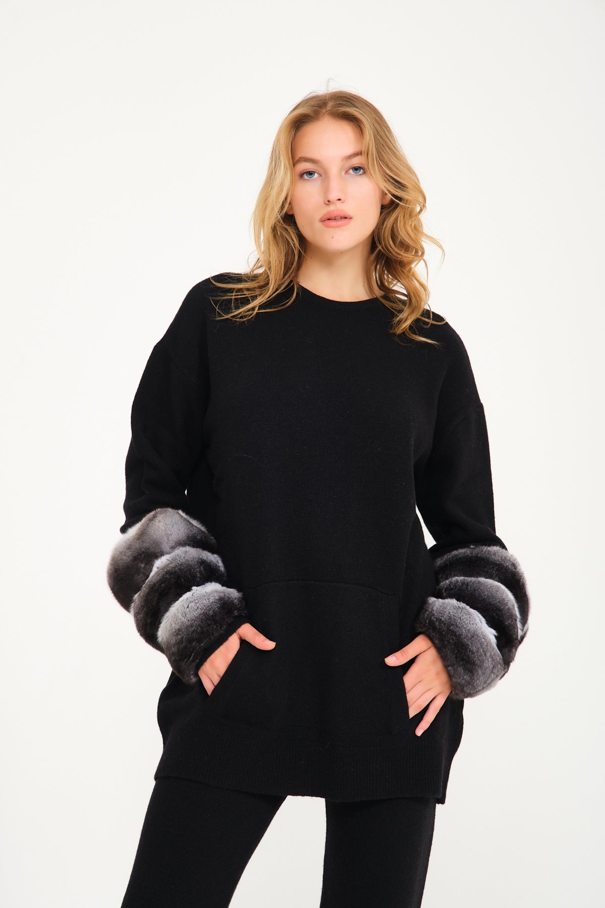 Black Chinchilla Fur Lined Knit Set