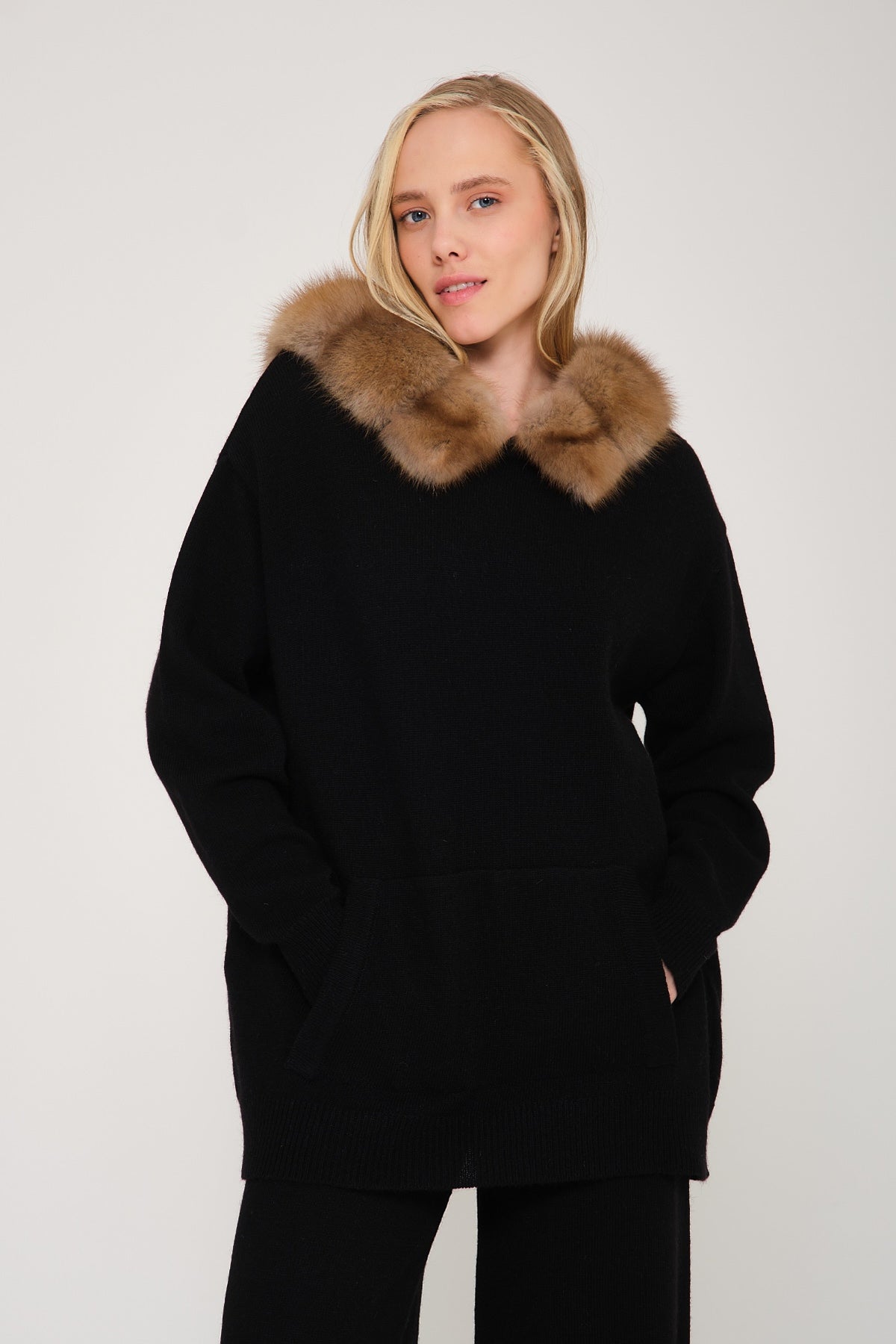 Black Marten Fur Lined Hoodie & Pants Set