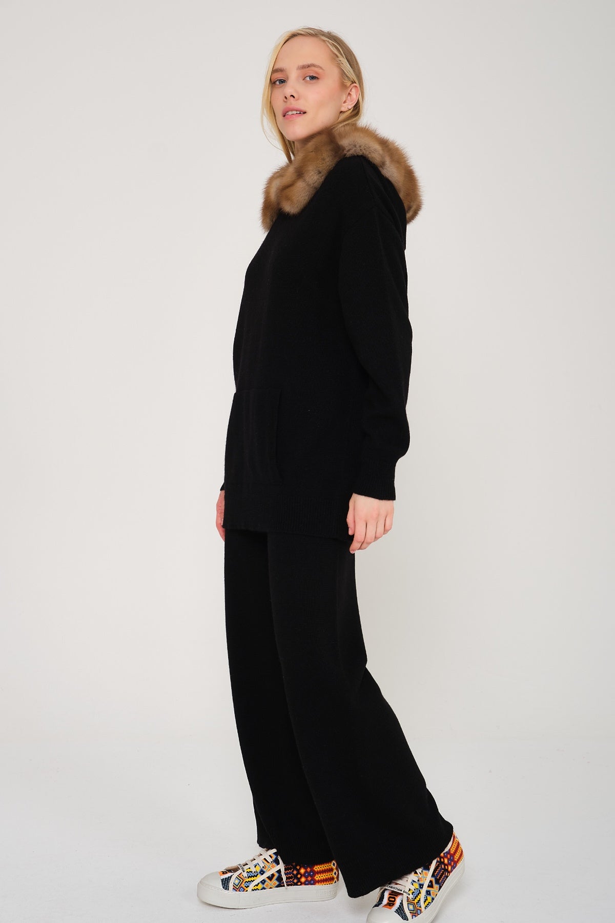 Black Marten Fur Lined Hoodie & Pants Set