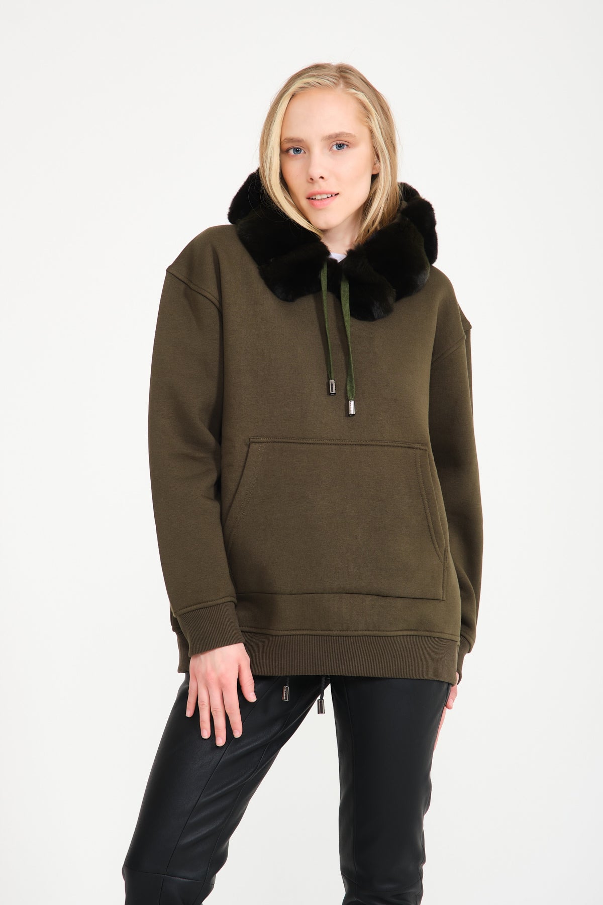 Khaki Chinchilla Fur Lined Hoodie ADAMO