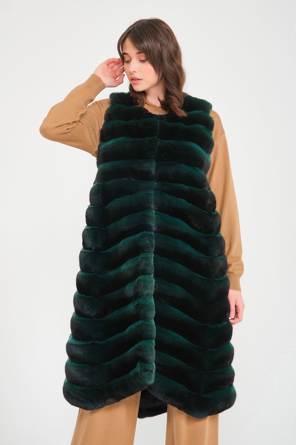 Emerald Green Long Chinchilla Fur Vest - ADAMO