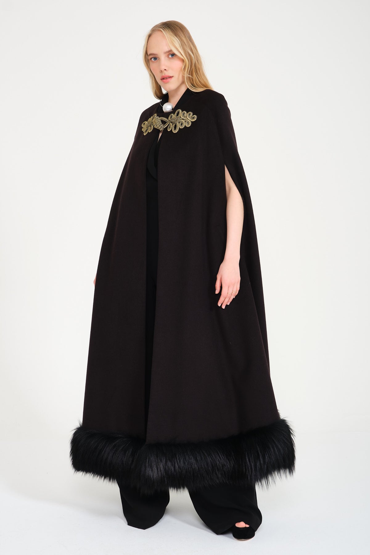 Black Wool Fox Fur Cape