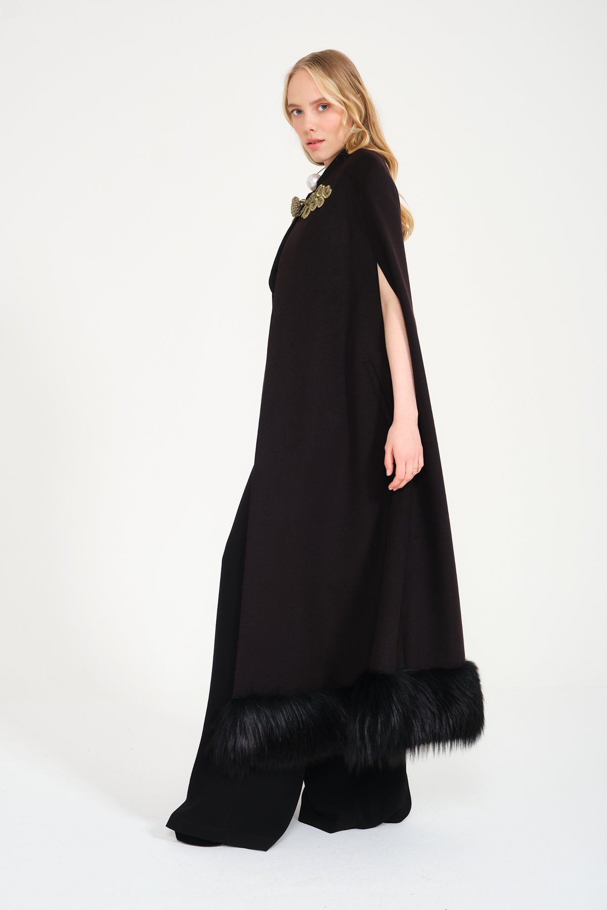 Black Wool Fox Fur Cape