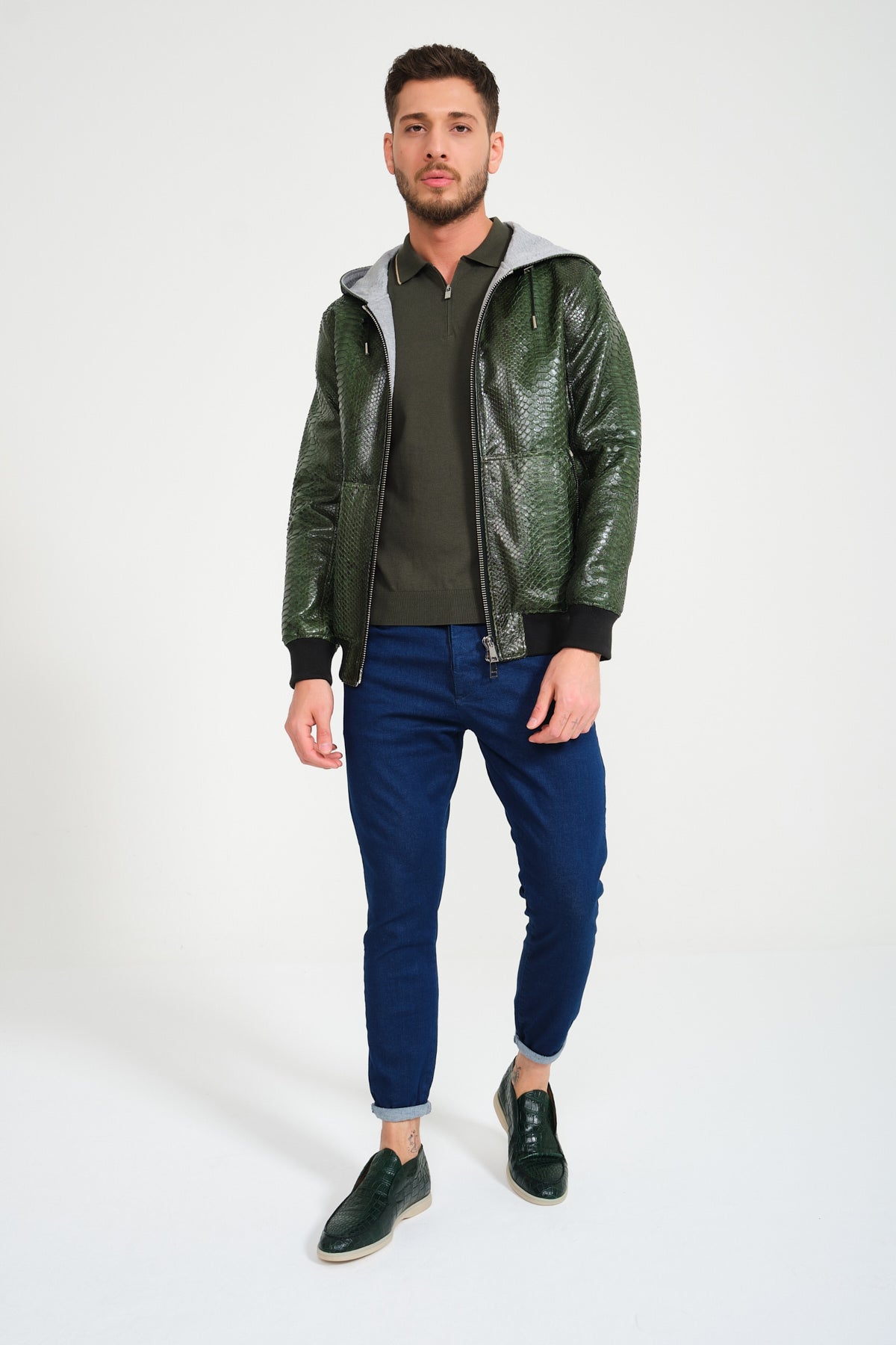 Dark Green Python Leather Jacket