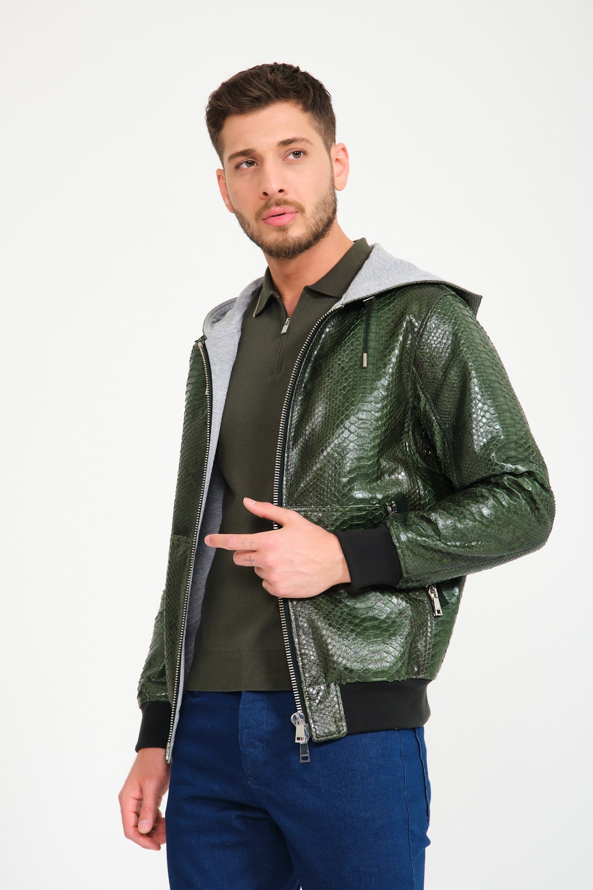 Dark Green Python Leather Jacket