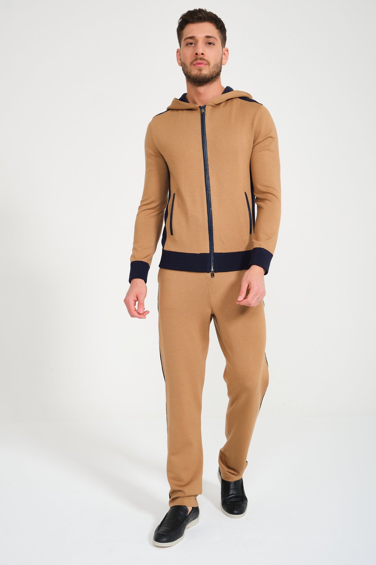 Camel / Dark Blue Zipped Hoodie & Pants Set