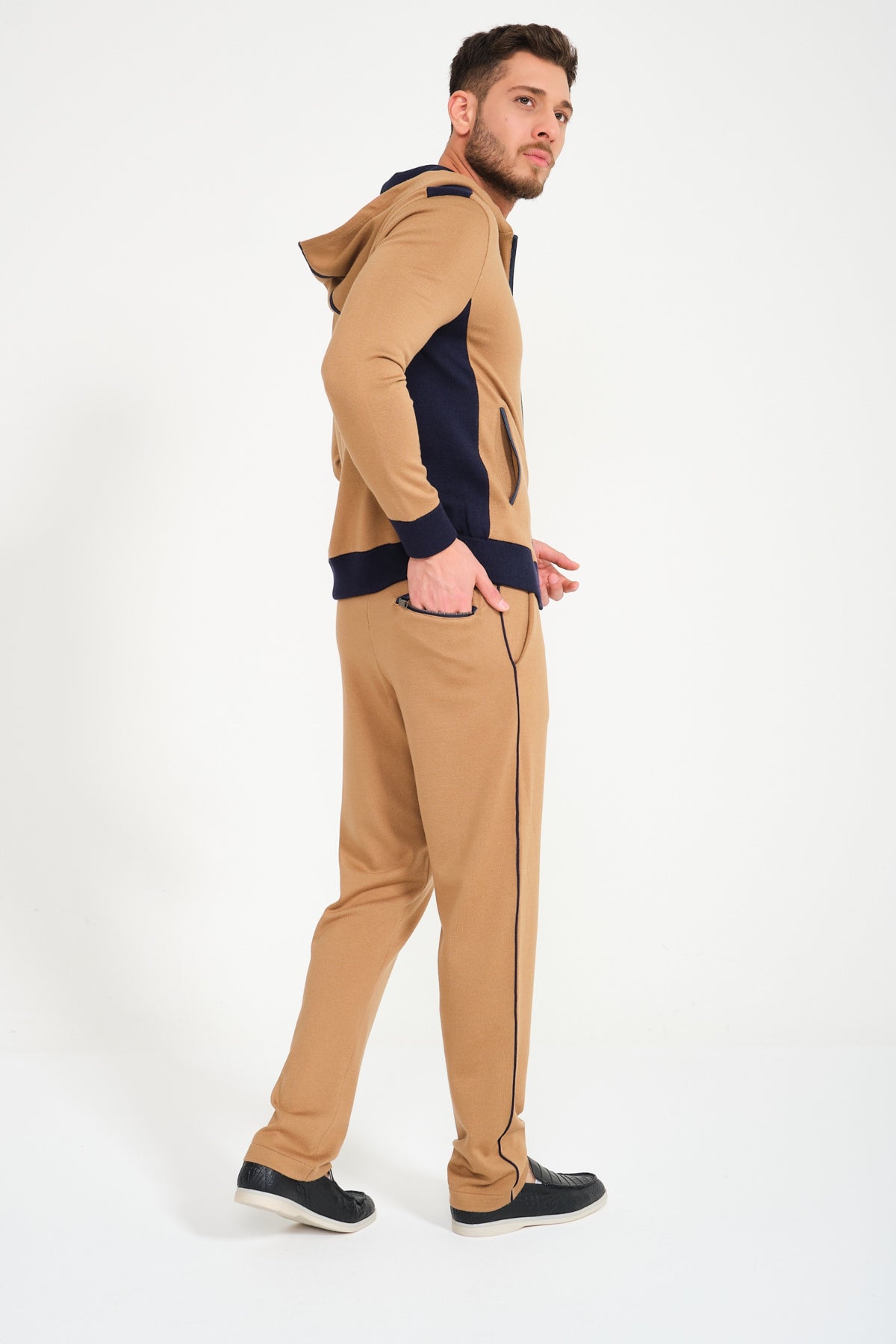 Camel / Dark Blue Zipped Hoodie & Pants Set