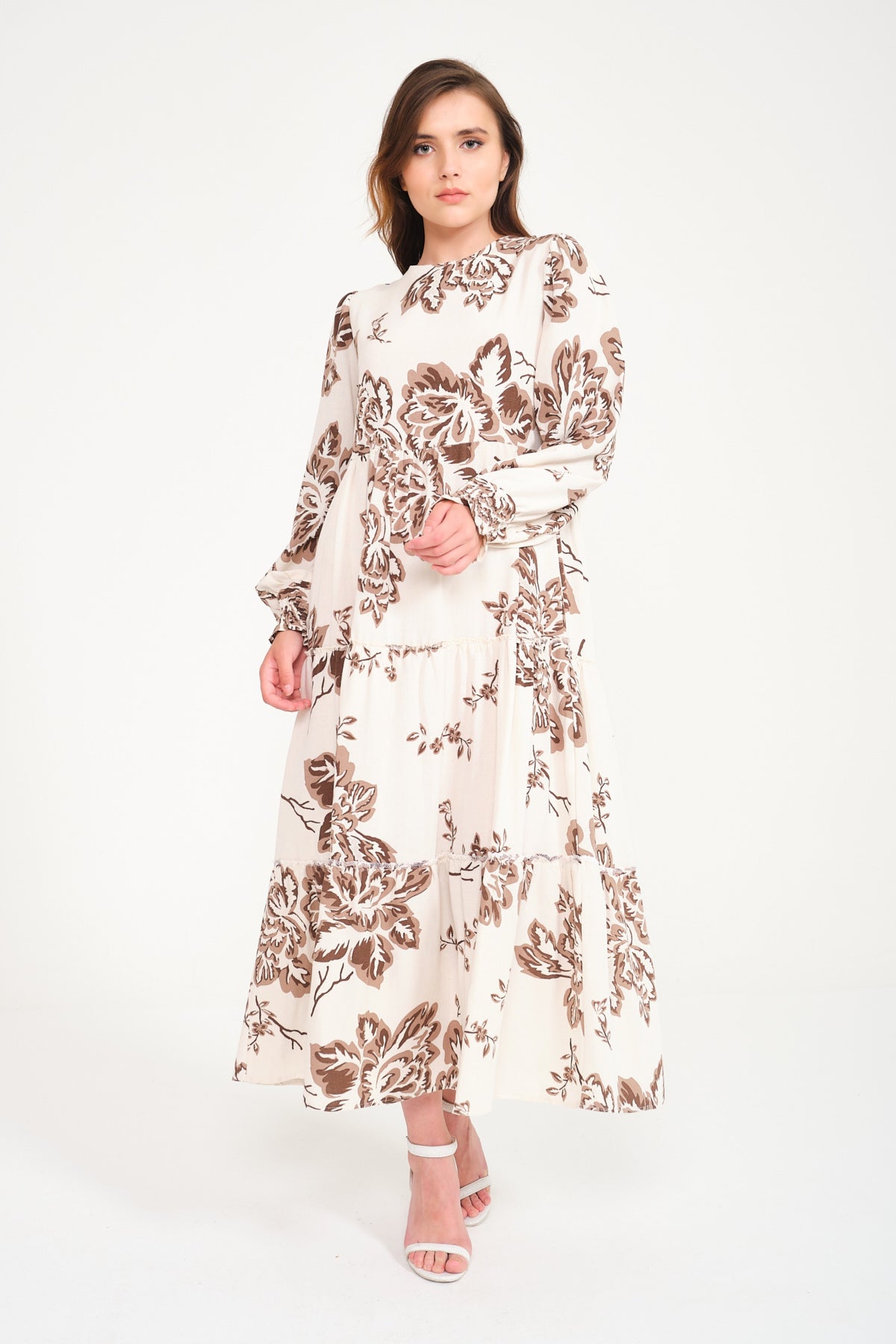 Ecru / Brown Long Cotton Dress