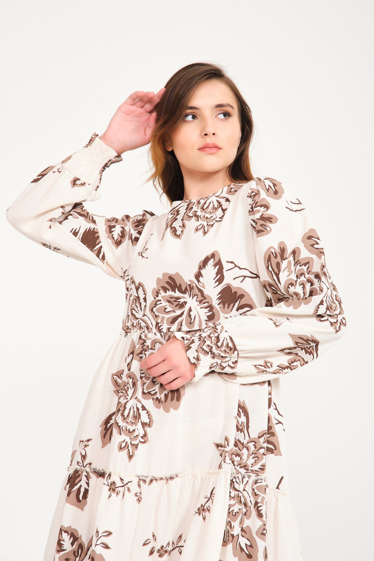 Ecru / Brown Long Cotton Dress