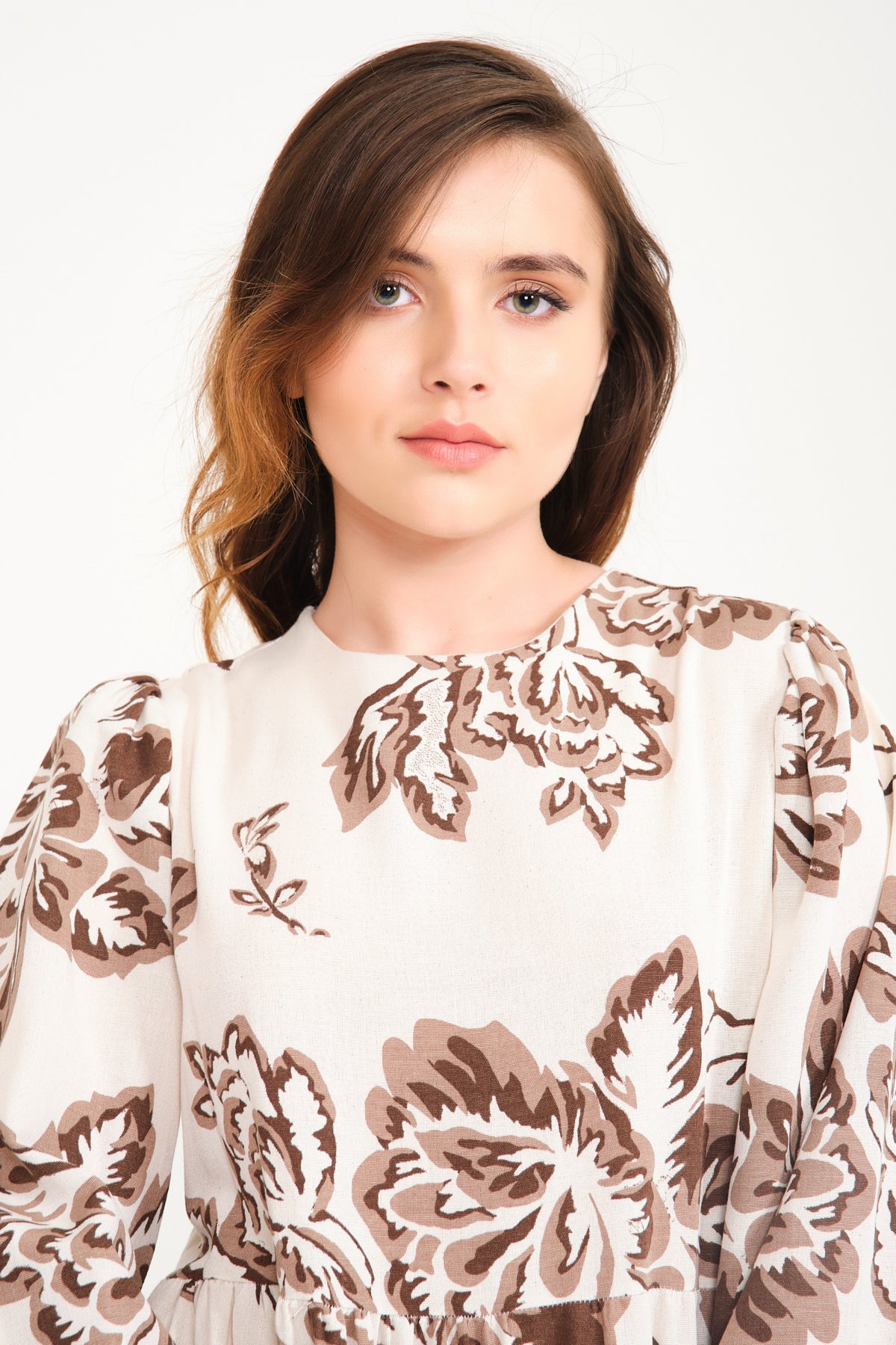 Ecru / Brown Long Cotton Dress