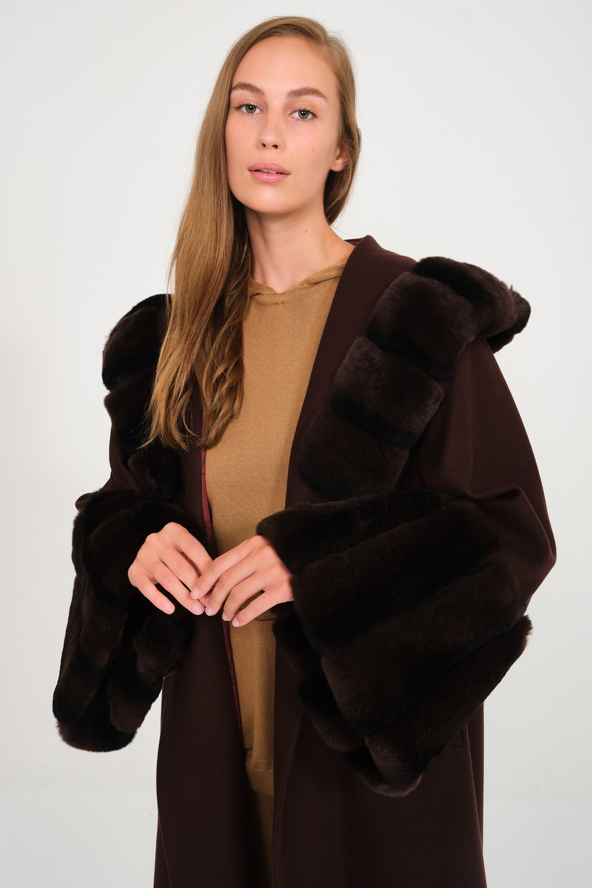Brown Hooded Wool Rex Fur Abaya