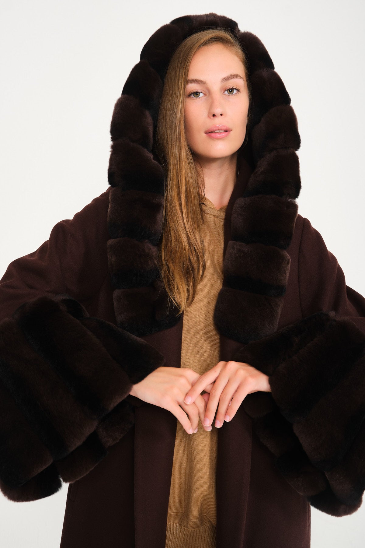 Brown Hooded Wool Rex Fur Abaya