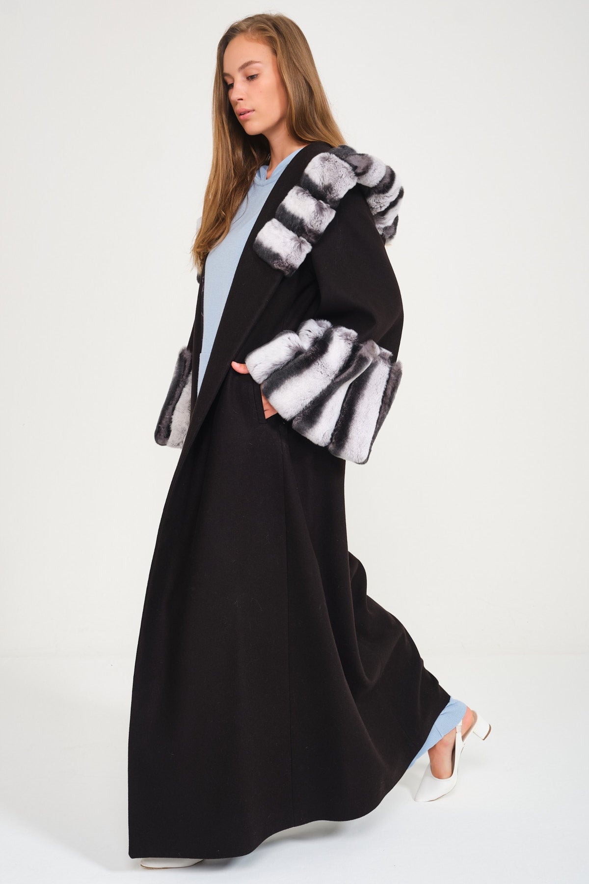 Black Hooded Wool Rex Fur Abaya