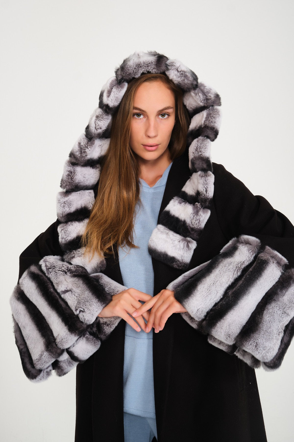 Black Hooded Wool Rex Fur Abaya