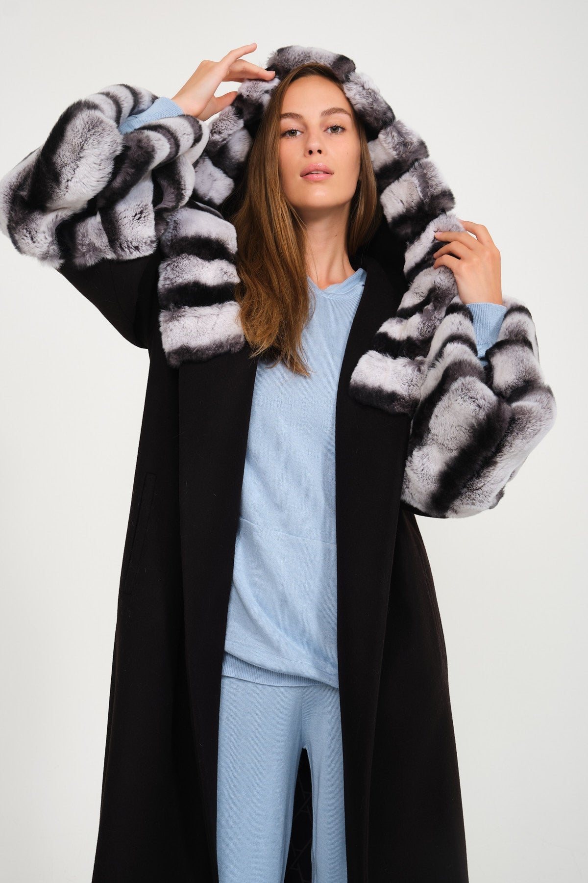Black Hooded Wool Rex Fur Abaya
