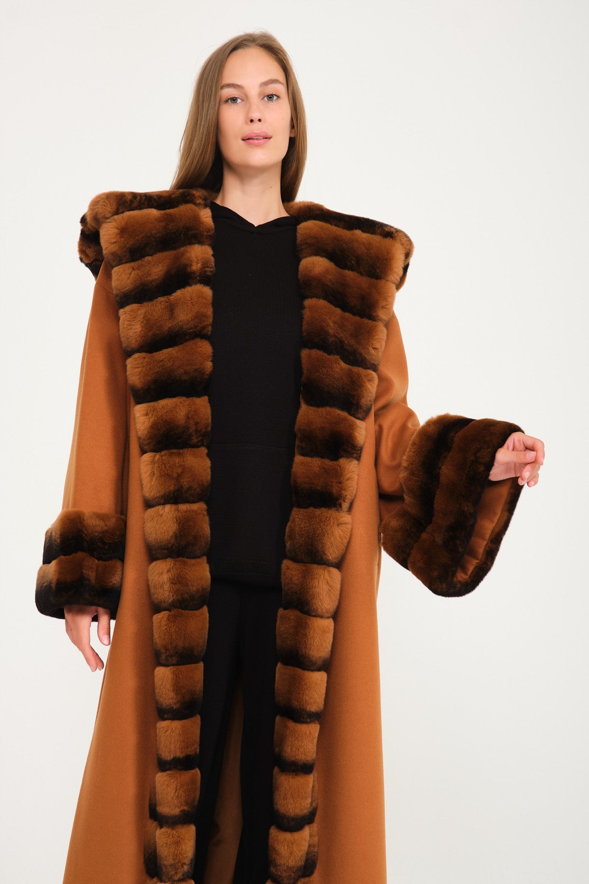 Tobacco Color Hooded Wool Rex Fur Abaya