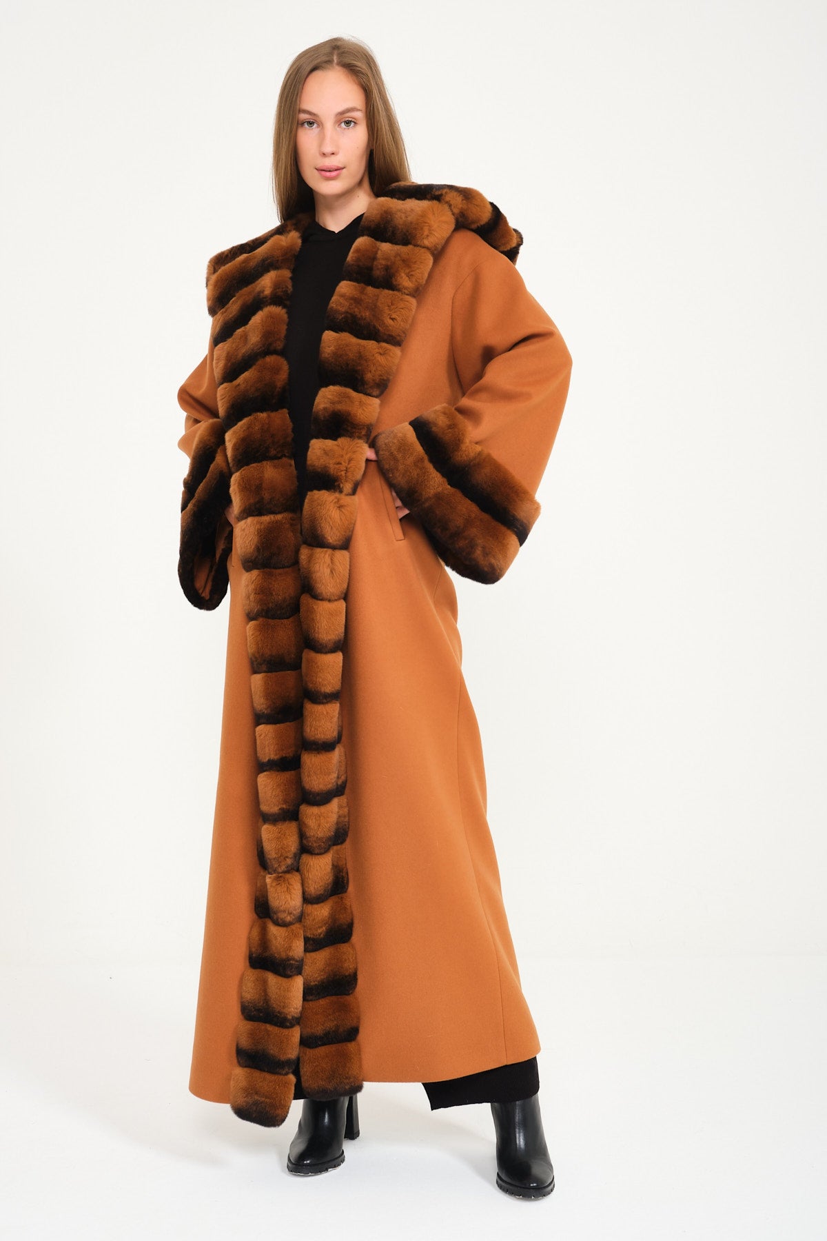 Tobacco Color Hooded Wool Rex Fur Abaya