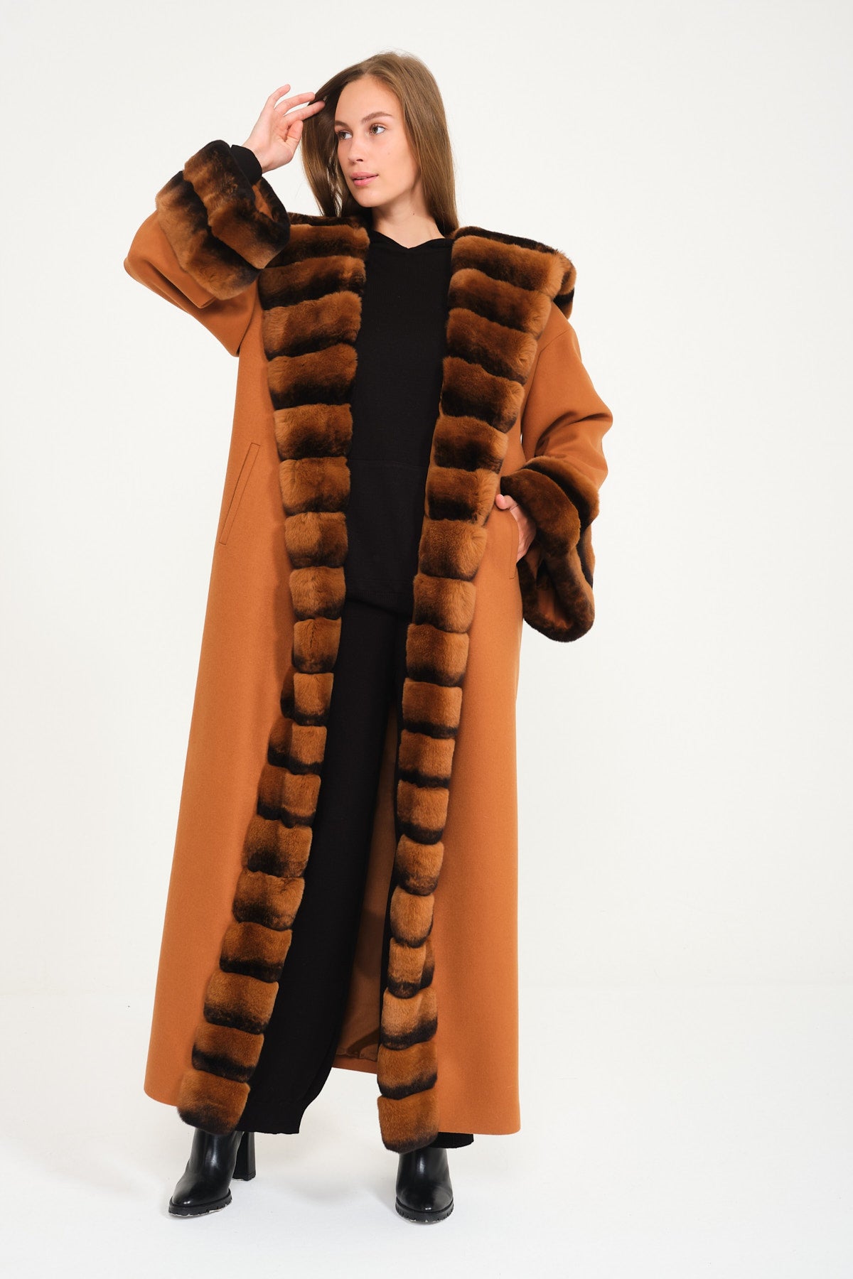 Tobacco Color Hooded Wool Rex Fur Abaya