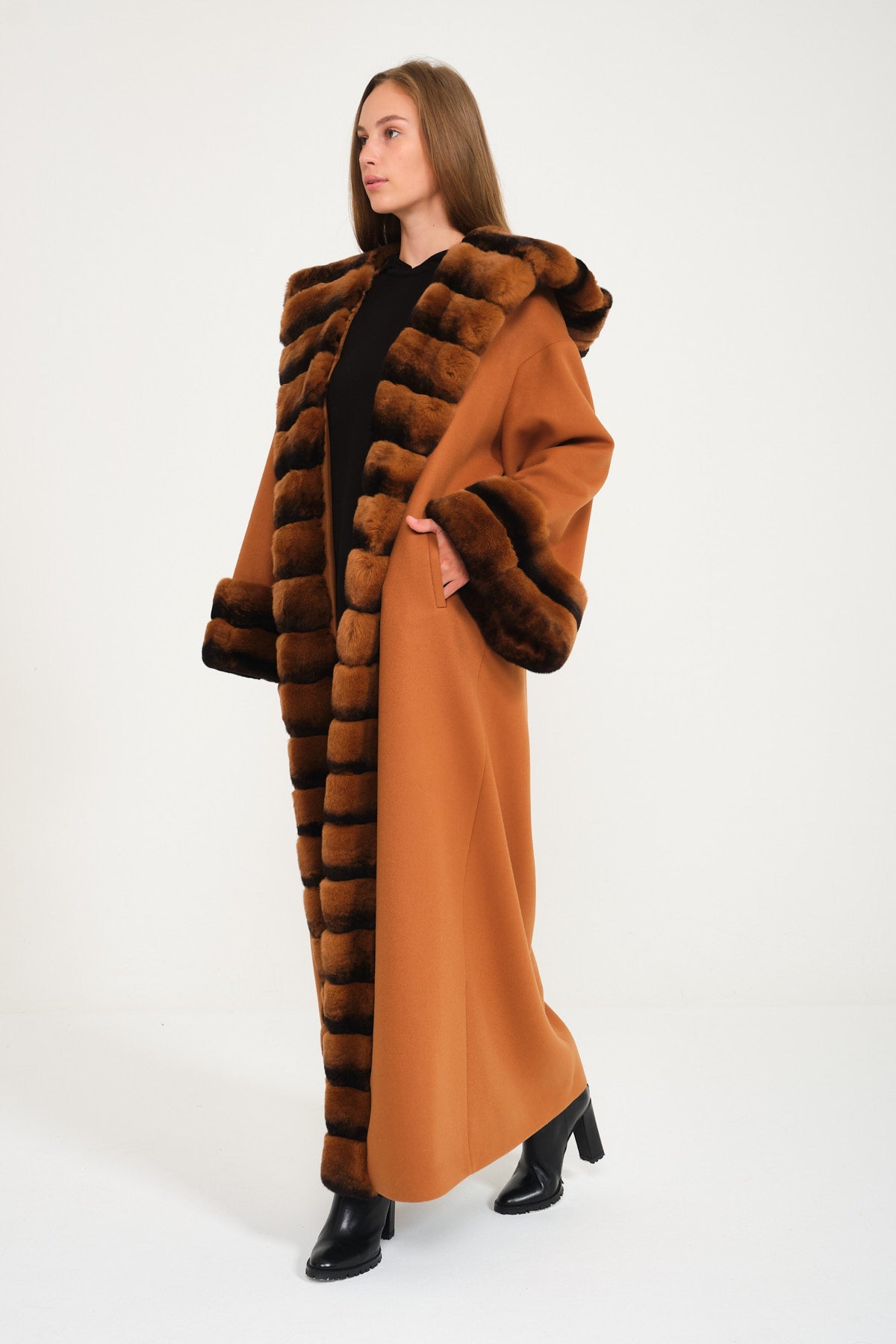Tobacco Color Hooded Wool Rex Fur Abaya