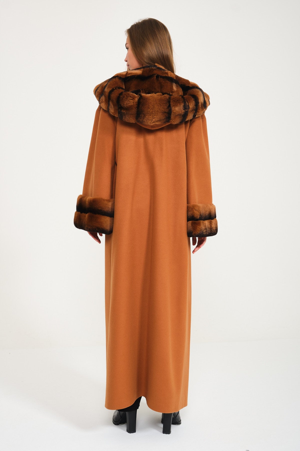 Tobacco Color Hooded Wool Rex Fur Abaya