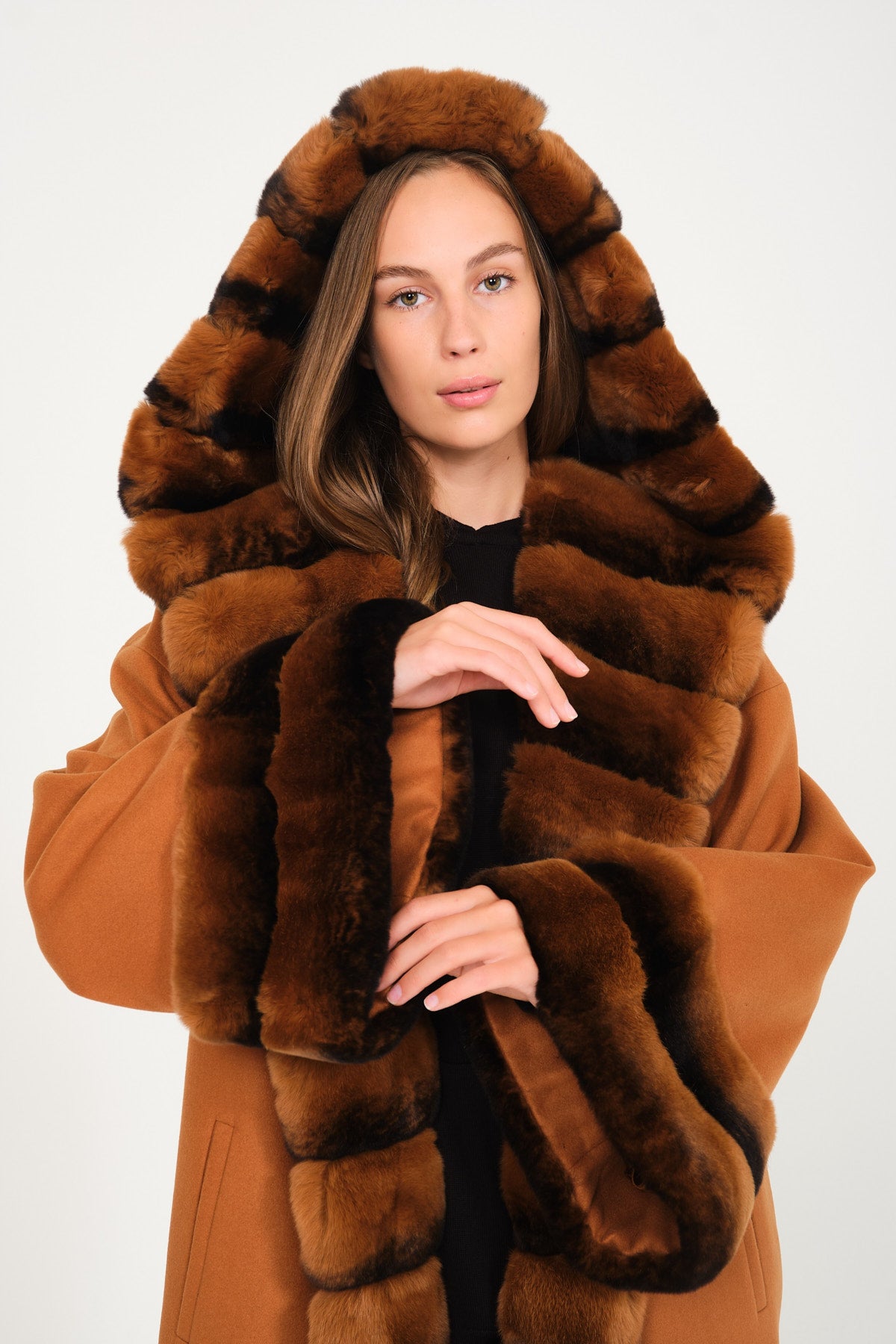 Tobacco Color Hooded Wool Rex Fur Abaya