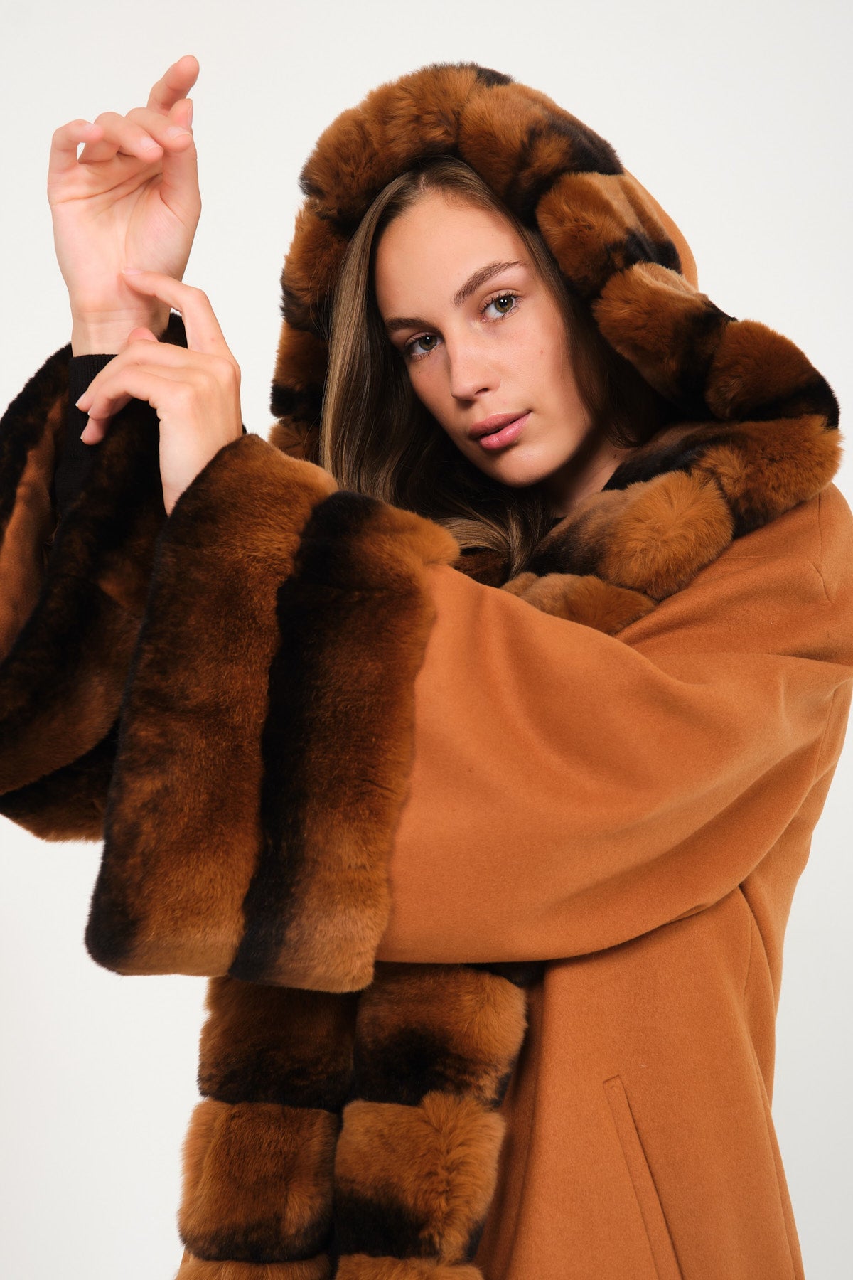 Tobacco Color Hooded Wool Rex Fur Abaya