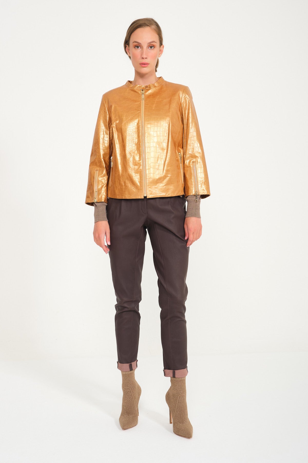 Gold Crocodile Pattern Leather Jacket