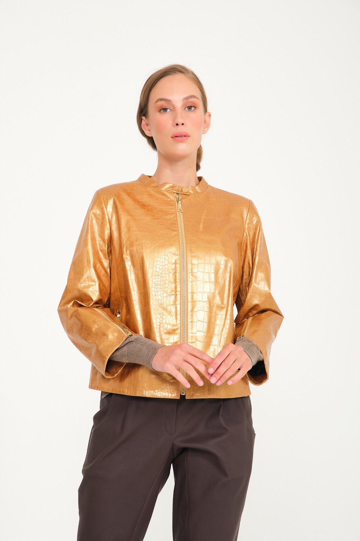 Gold Crocodile Pattern Leather Jacket