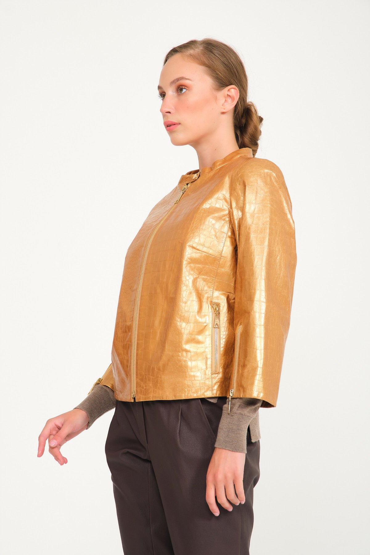 Gold Crocodile Pattern Leather Jacket