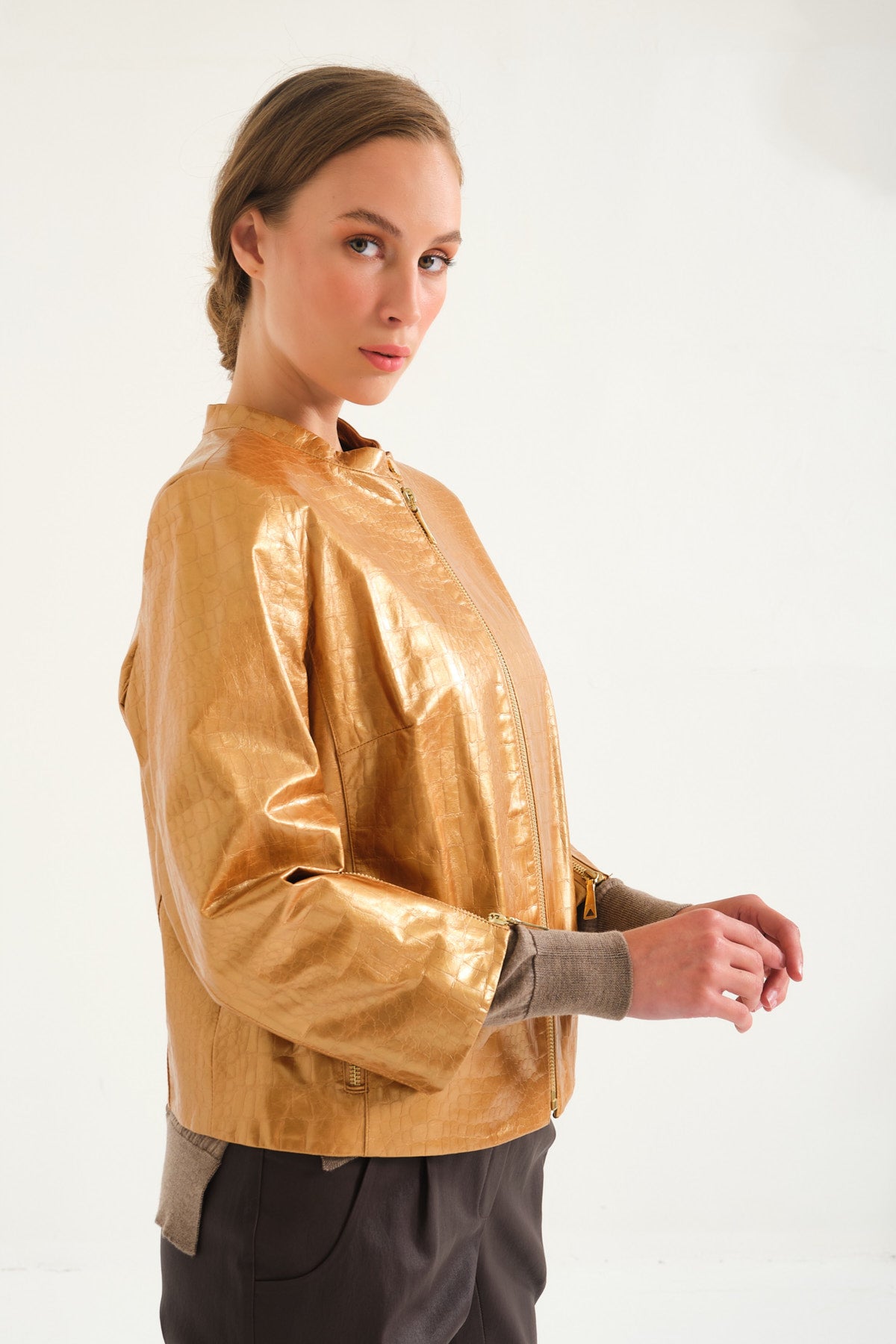 Gold Crocodile Pattern Leather Jacket