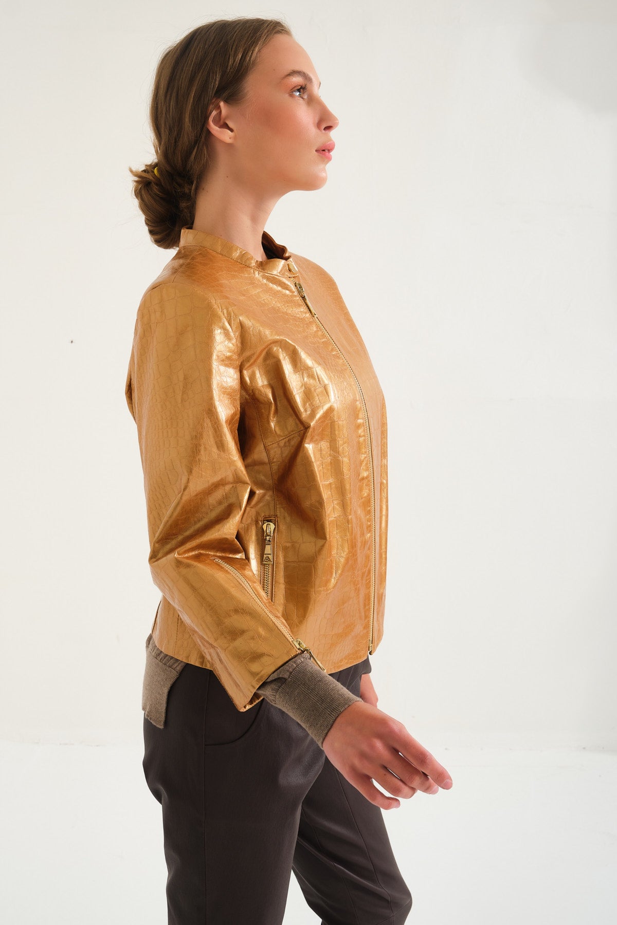 Gold Crocodile Pattern Leather Jacket