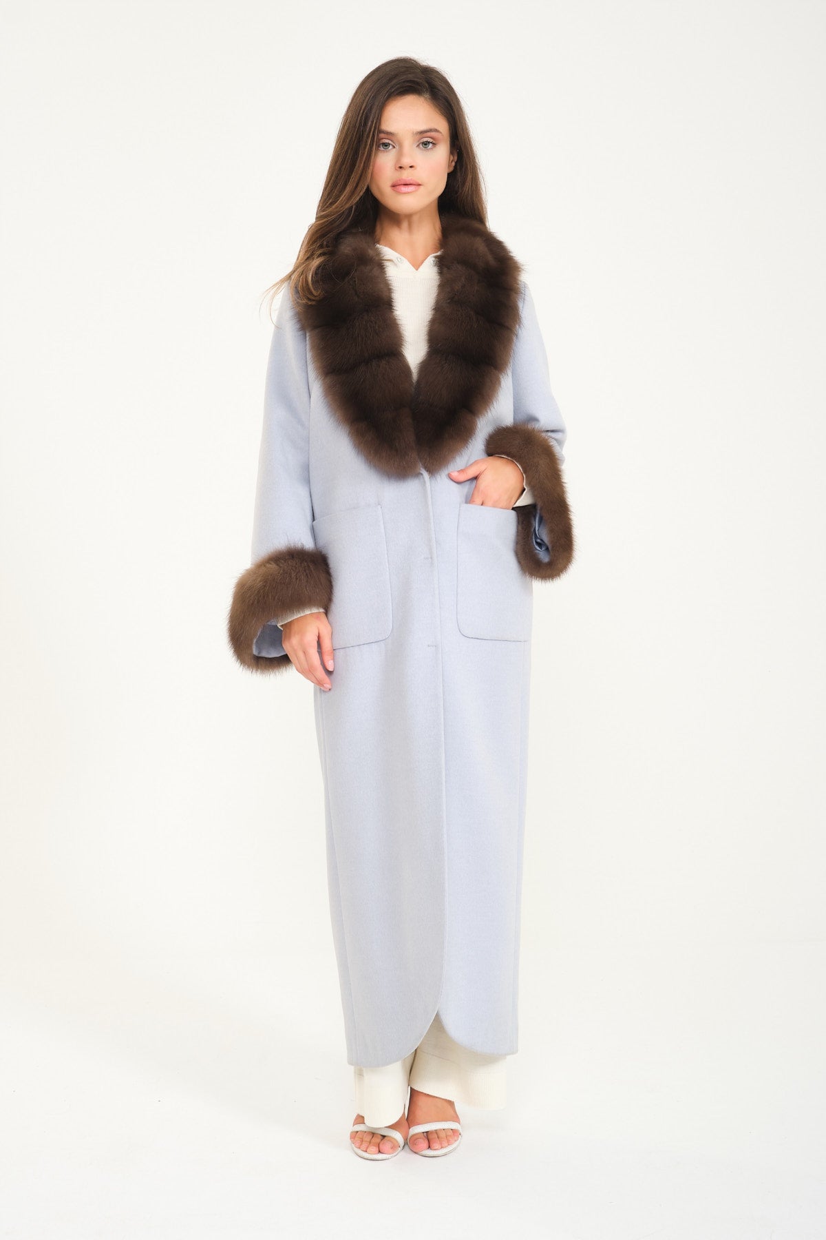 Light Blue Wool & Sable Fur Long Coat
