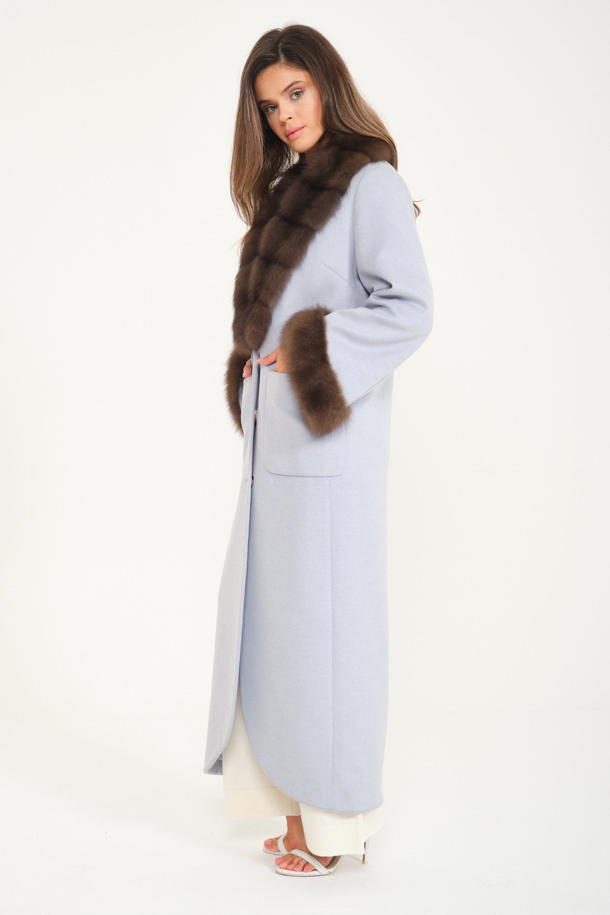 Light Blue Wool & Sable Fur Long Coat