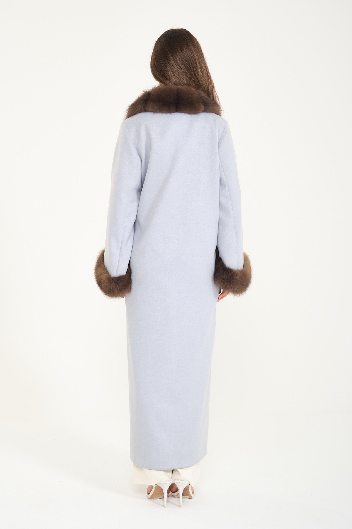 Light Blue Wool & Sable Fur Long Coat