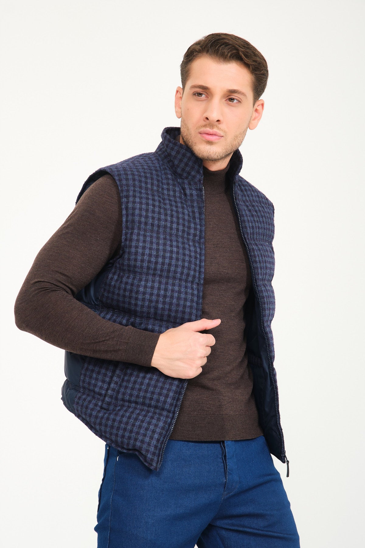 Dark Blue Plaid Pattern Wool Vest