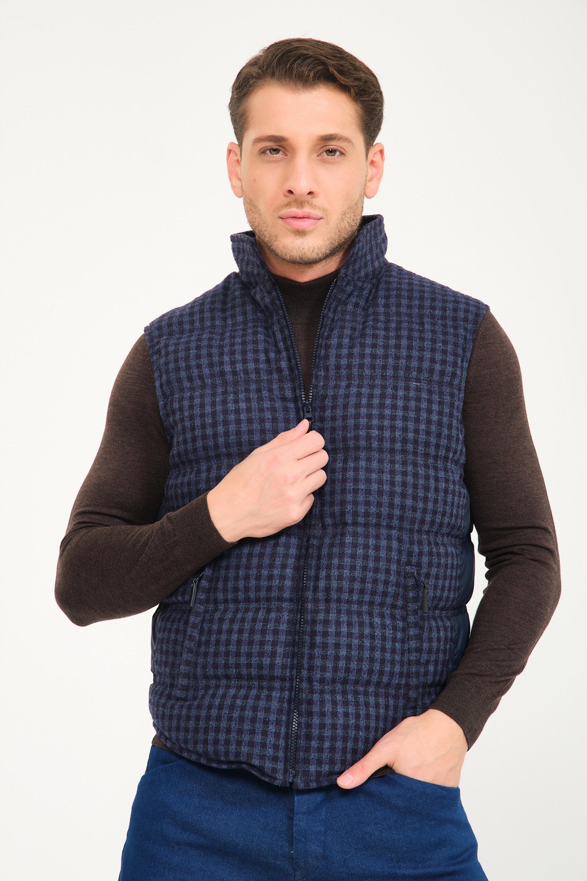 Dark Blue Plaid Pattern Wool Vest