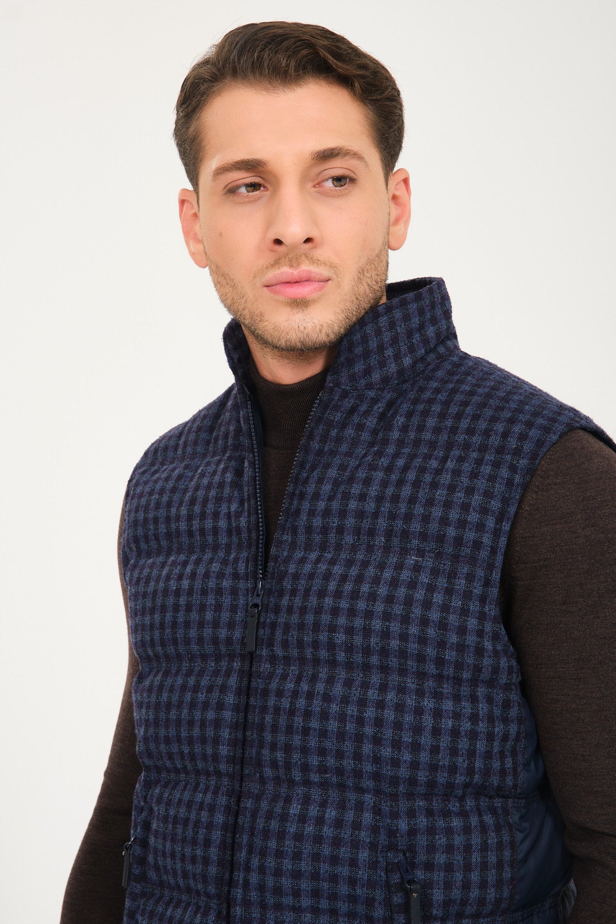 Dark Blue Plaid Pattern Wool Vest